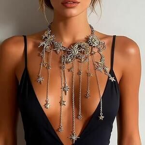 Mystic Celestial Sun Moon Star Silver/Gold Tone Large Statement Necklace